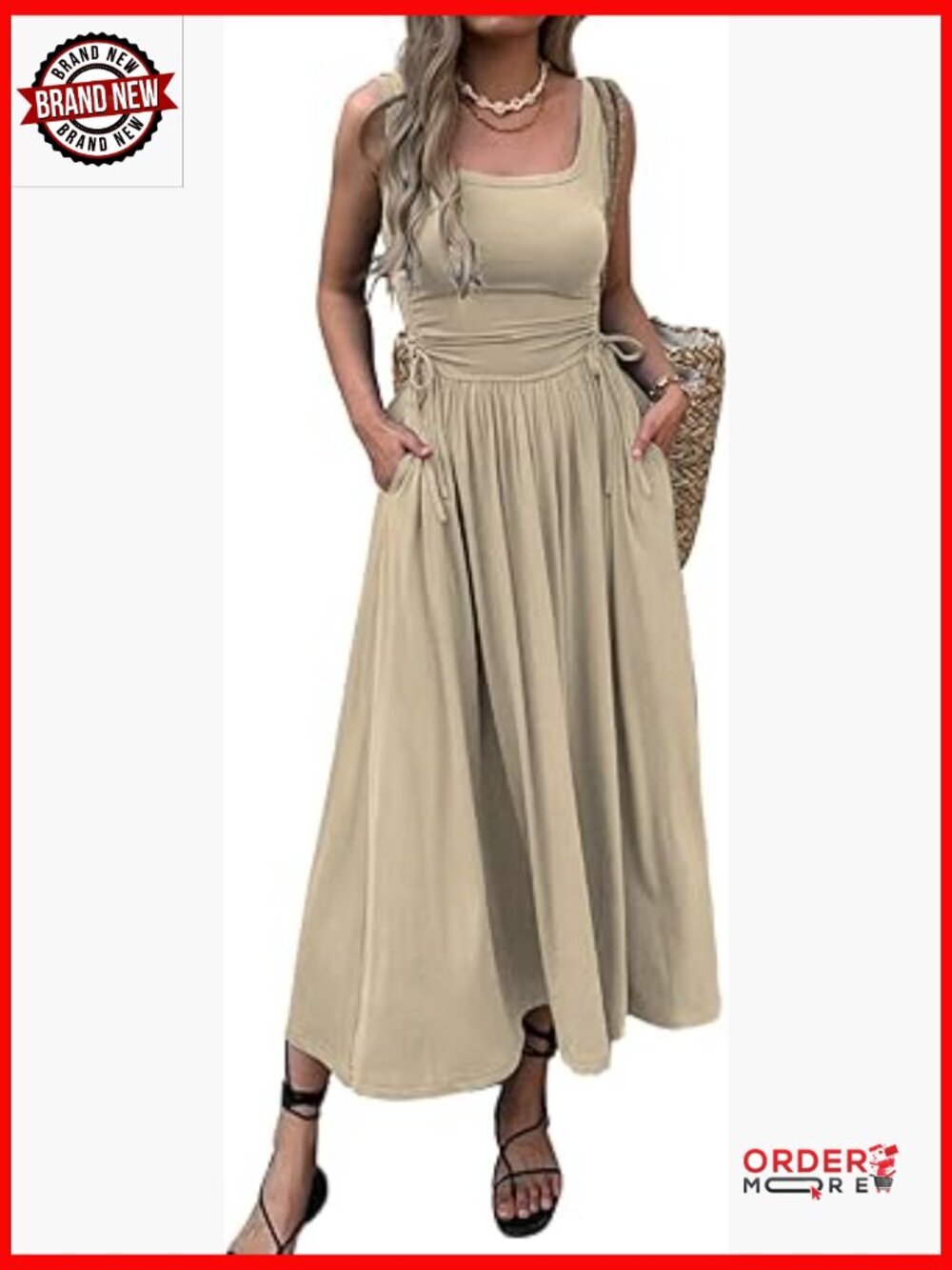 Women's Boho Maxi Dress with Pockets, Adjustable Tie, Sleeveless Summer Sundress